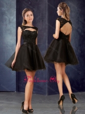Pretty Open Back Bateau Black Prom Dress with Lace and Belt PME1975FOR