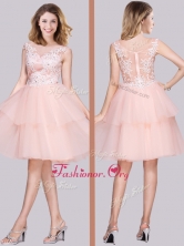 Pretty See Through Cap Sleeves Baby Pink Prom Dress with Appliques PME2000FOR