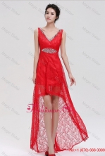 Pretty V Neck Laced and Beaded Red Prom Dresses with High Low DBEE005FOR