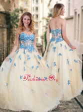 Pretty Visible Boning Tulle Champagne Prom Dress with Blue Appliques PME1952FOR