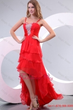 Red Empire Spaghetti Straps Beaded Decorate High-low Prom Dress FFPD0157FOR