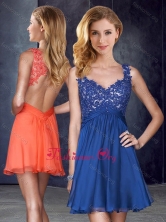 Straps Backless Royal Blue Prom Dress with Appliques and Belt PME1897FOR