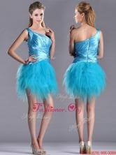 Wonderful One Shoulder Ruched and Ruffled Aqua Blue Prom Dress in Tulle THPD045FOR