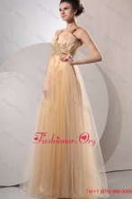 A-line Gold Straps Appliques and Ruching Floor-length Organza Prom Dress FFPD0204FOR