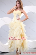 A-line Sweetheart Organza Ankle-length Beading and Ruffles Yellow Prom Dress FFPD056FOR