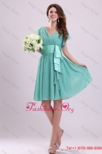 Apple Green V-neck Chiffon Prom Dress with Short Sleeves FFPD0305FOR