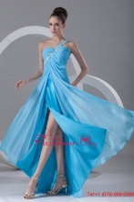 Aqua Blue Empire One Shoulder Appliques Chiffon Prom Dress with Criss Cross FFPD0982FOR
