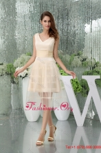 Beautiful A-line Satin Tulle V-neck Knee-length Champagne Prom Dress WD5-017FOR