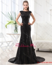 Beautiful Column Bateau Brush Train Sequins Prom Dresses in Black DBEE515FOR