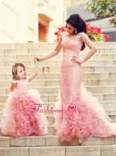 Beautiful Column Long Sleeves Prom Dress with Brush Train and Affordable Ruffled and Laced Little Girl Dress in Watermelon Red DXZH015FOR