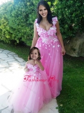 Beautiful Deep V Neckline Prom Dress with Appliques and Hot Sale Rose Pink Little Girl Dress with See Through Scoop DXZH016FOR