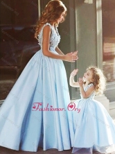 Beautiful V Neck Satin Prom Dress with Appliques and Most Popular Big Puffy Little Girl Dress with Straps DXZH012FOR