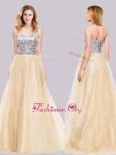 Best Selling A Line Tulle Champagne Prom Dress with Sequins PME2019FOR