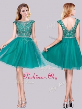 Classical Cap Sleeves Tulle A Line Beaded Prom Dress in Turquoise PME2001FOR