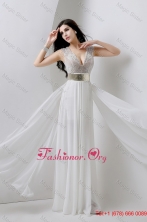 Classical Empire V Neck White Prom Dresses with Beading and Belt DBEE465FOR
