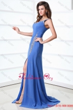 Column Blue One Shoulder Beading and Ruching High Slit Prom Dress FFPD0504FOR