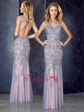 Elegant Column Bateau Backless Prom Dress with Appliques PME1929FOR