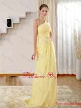 Elegant Column One Shoulder Brush Train Beading  Prom Dress in Yellow UNINON63055PSFOR