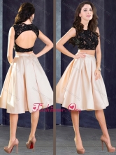 Elegant Two Piece Open Back Prom Dress in Champagne and Black PME1995FOR