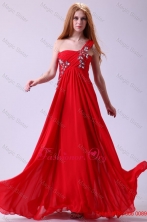 Empire One Shoulder Chiffon Red Prom Dress Beading Floor-length FFPD0432FOR