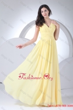 Empire V-neck Floor-length Ruched Yellow Chiffon Prom Dress WD4-072FOR