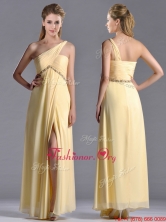Exquisite One Shoulder Yellow Prom Dress with Beading and High Slit THPD009FOR