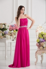 Hot Pink Empire Strapless Ruching Beading Brush Train Prom Dress FVPD193FOR