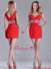 Hot Sale Beaded Decorated Waist V Neck Prom Dress in Red THPD125FOR