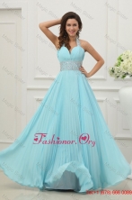Light Blue Halter Top Neck Beading and Pleats Long Prom Dress FFPD0194FOR