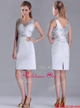 Modern V Neck Belted with Beading Prom Dress in Silver THPD131FOR