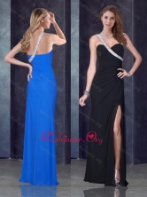 One Shoulder Black Prom Dress with High Slit and Beading PME1891FOR