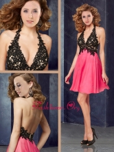Popular Halter Top Backless Laced Prom Dress in Coral Red and Black PME1984FOR