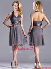 Romantic Chiffon Halter Top Knee Length Prom Dress in Grey THPD073FOR