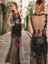 See Through Back Scoop Black Prom Dress with Appliques in Tulle PME1877AFOR