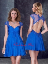 V Neck Backless Blue Prom Dress with Appliques and Beading PME1902FOR