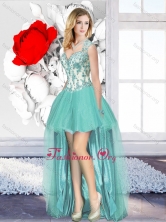 Aqua Blue High Low Cheap Dama Dresses with Appliques SJQDDT128004FOR