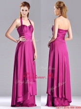New Style Halter Top Fuchsia Long Dama Dress in Elastic Woven Satin THPD005FOR