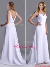 New Style Straps White Chiffon Dama Dress with Brush Train THPD306FOR