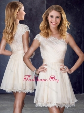 One Shoulder Short Champagne Dama Dress with Lace and Belt PME1900FOR