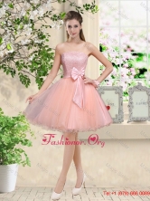 Popular Strapless Mini Length Dama Dresses with Appliques and Bowknot BMT042EFOR
