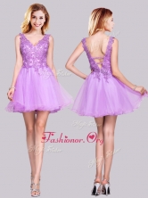 Popular V Neck Organza Backless Applique and Lace Dama Dress in Lilac PME2005FOR