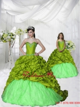 Most Popular Brush Train Olive Green  Princesita with Quinceanera Dresses with Appliques and Pick-ups ZY775-LG-3FOR