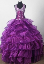 Elegant Ball Gown Halter Floor-length Eggplant Quinceanera Dress LJ2648