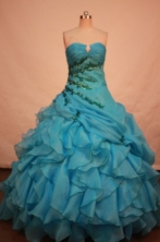 Lovely ball gown sweetheart-neck floor-length organza appliques teal quinceane ra dresses FA-X-028