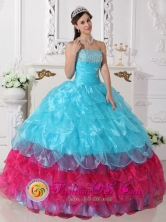 San Antero Colombia Appliques Layers Ruffled Aqua Blue and Hot Pink Quinceanera Dresses for Graduation Style QDZY658FOR 