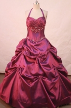 Simple ball gown halter top floor-length satin Fuchsia appliques quinceanera dresses FA-X-031