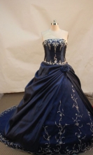 Special ball gown strapless chapel taffeta appliques with beading navy blue quinceanera dresses FA-X-008